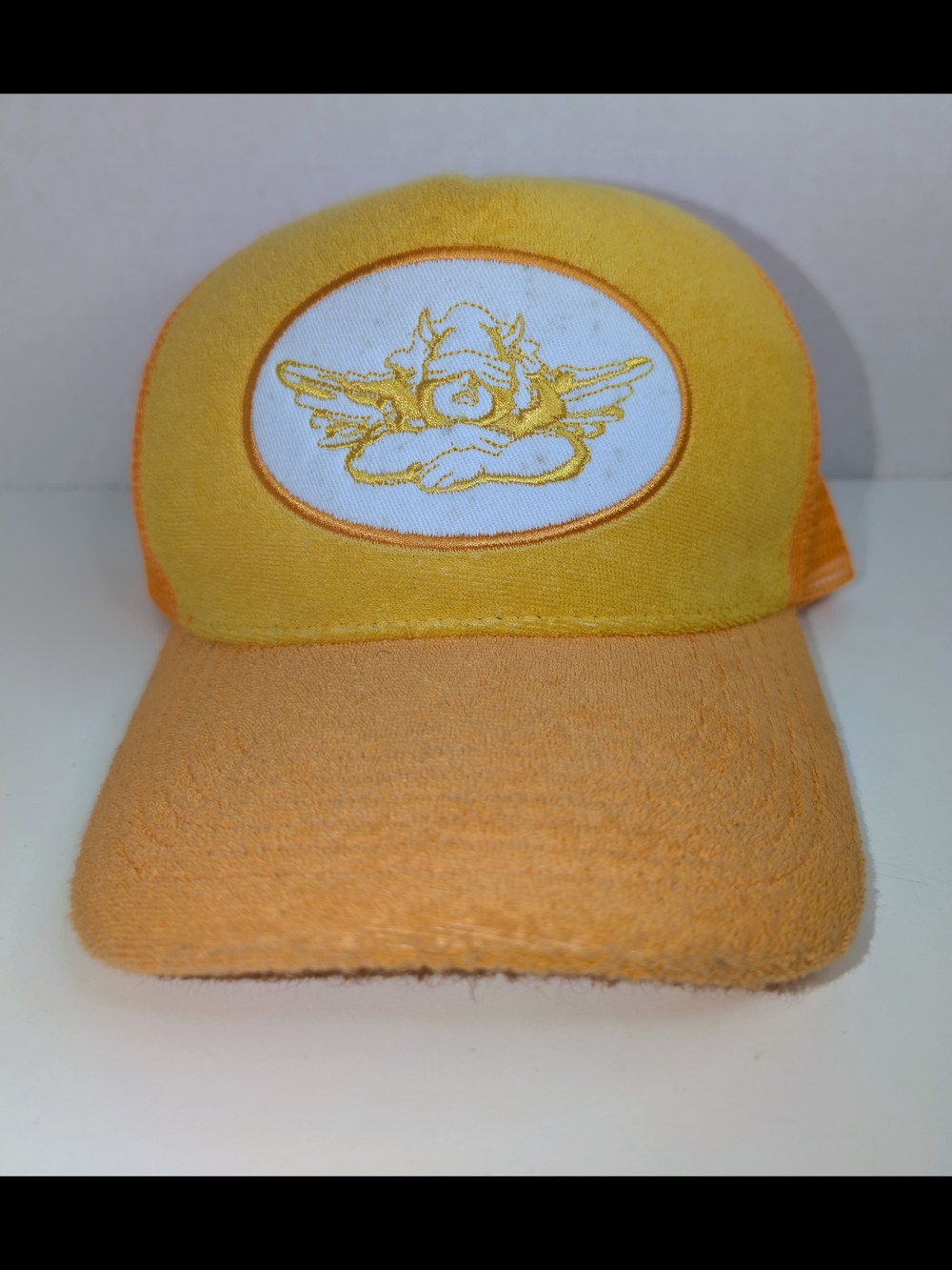 Boys Lie Lemon Drop Terry Cloth Trucker Hat Yellow Orange Mesh Back Cap Y2K